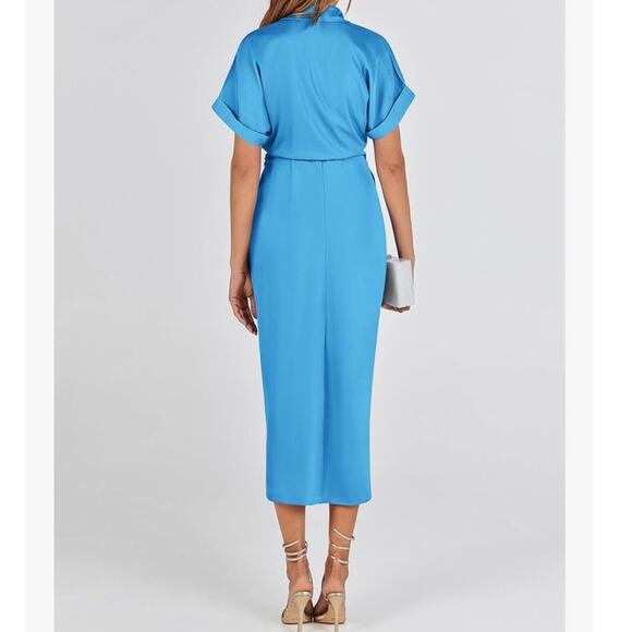 NWT BTFBM Blue Button-Down Ruched Midi Shirt Dress Size L Belted Office Career - Picture 2 of 11
